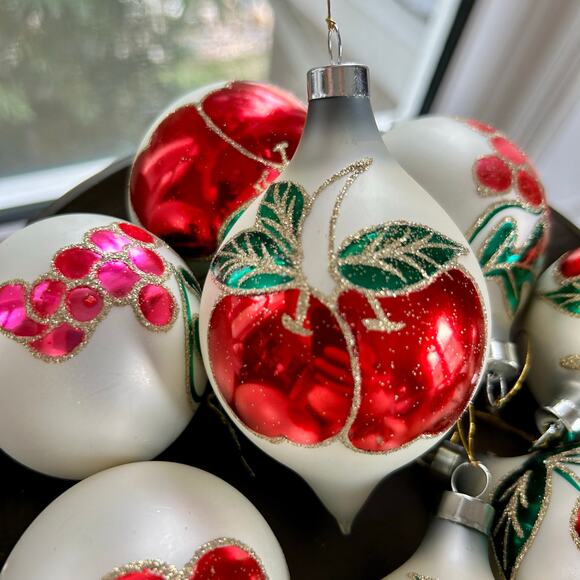 Vintage Blown Glass Ball Ornaments with Glittered Fruit Design - Set of 8 - Picture 6 of 13